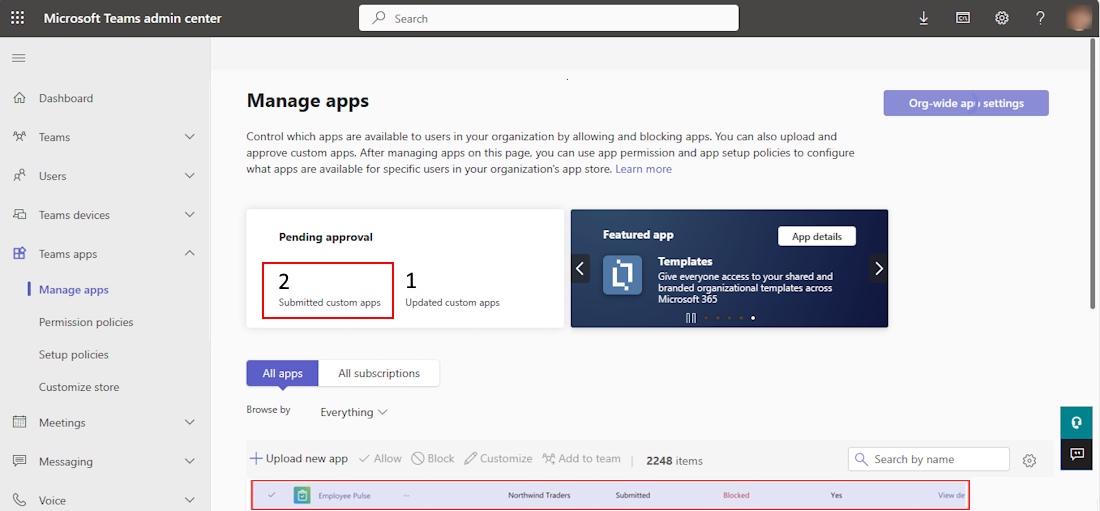 Screenshot shows the teams apps pending for approval.